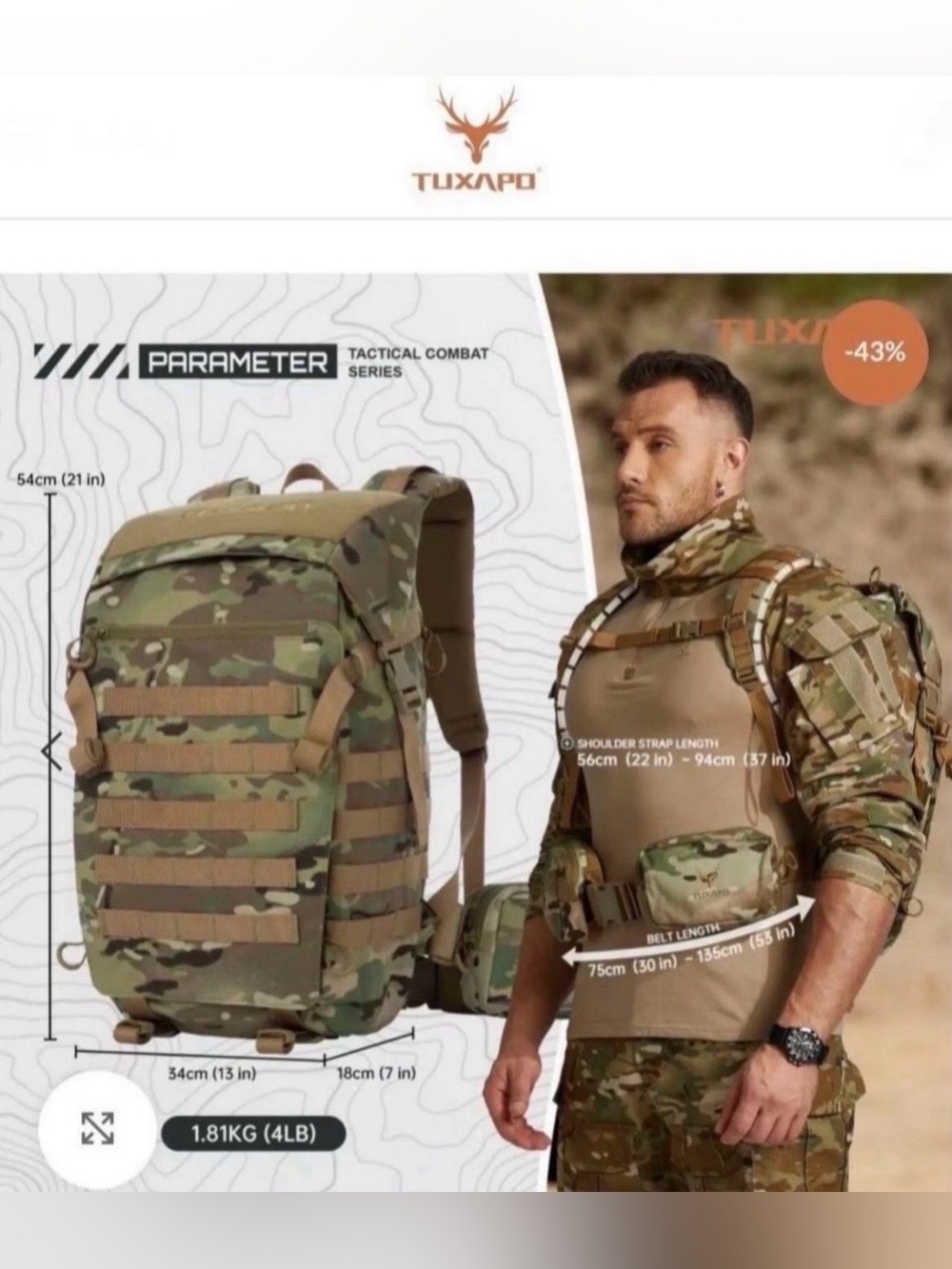 TUXAPO• 30L Camo Molle Tactical
Backpack Adjustable • Built to Last: Crafted fro